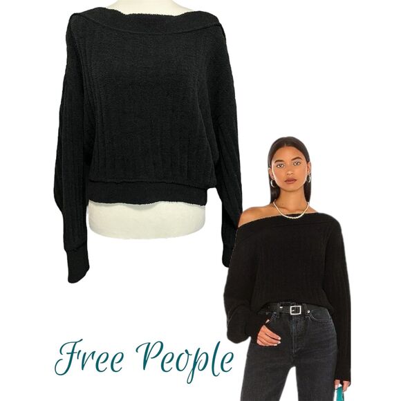 Free People Cabin Fever Sweater S | Black Off-Shoulder Cozy Knit - Picture 1 of 12